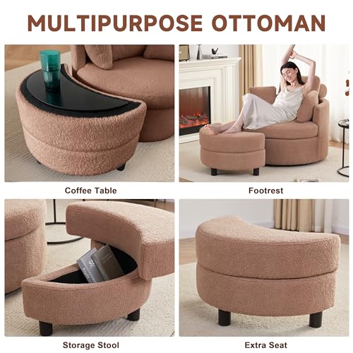AYEASY Swivel Chair with Half Moon Storage Ottoman, Round Oversized Swivel Barrel Chair with Base Storage for Living Room, 360°Modern Swivel Accent Chair with 3 Pillows for Home, Teddy Fabric,Beige