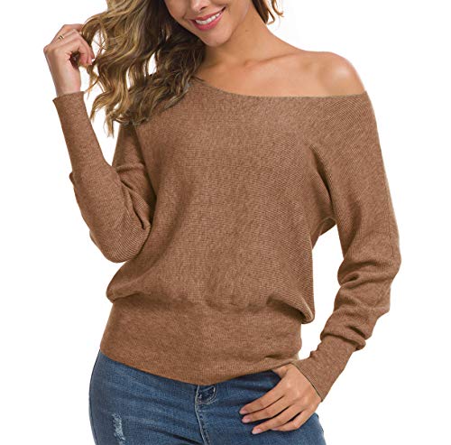 Feiersi Women's Off Shoulder Sweater Long Sleeve Loose Pullover Knit Jumper (Rose Red,Large)
