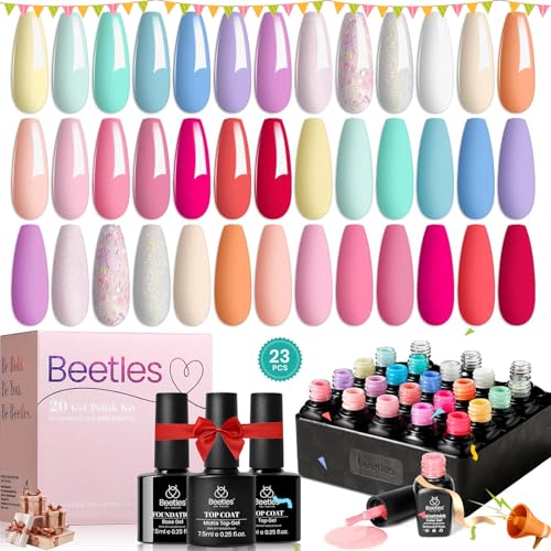 Beetles 23Pcs Gel Nail Polish Set with Base Gel Top Coat Summer Pastel Bright Neon Colors, 2024 Summer Gel Polish Kit Nude Blue Pink Red Green Purple Colors Soak off Uv Nail Gel Gift for Girls