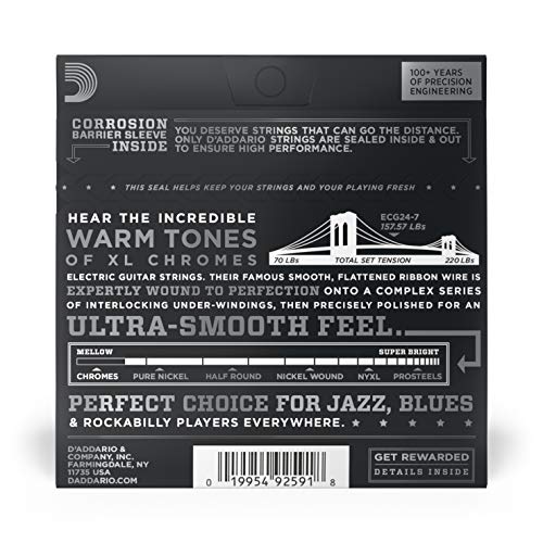 D'Addario Guitar Strings - XL Chromes Electric Guitar Strings - Flat Wound - Polished for Ultra-Smooth Feel and Warm, Mellow Tone - ECG24-7 - Jazz Light, 7-String, 11-65, 1-Pack