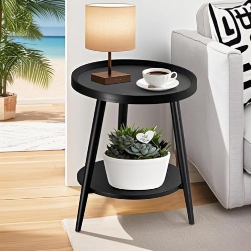 FANTERSI Small Round Side Table, 2-Tier Mid Century Modern Side Table, Round End Table Small Side Table for Living Room, Metal Frames, Black