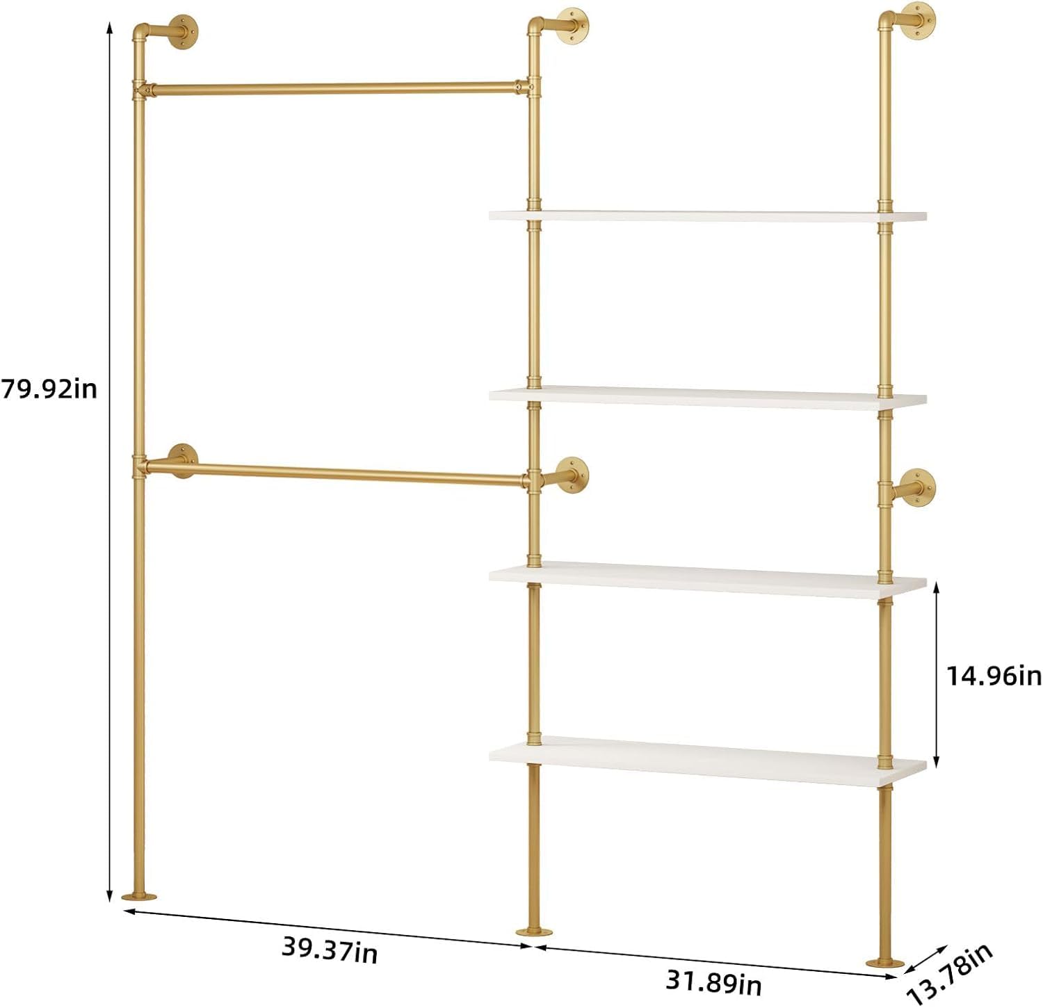Woskar Industrial Pipe Clothing Rack, Hanging Rods Clothes Rack with Shelves, Clothes Rack for Wardrobe, Corner Closet System for Walk in Closets (Gold)