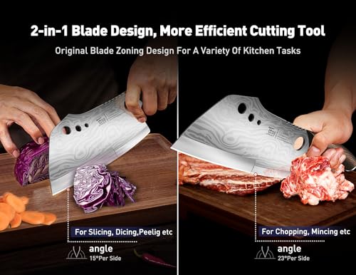 SYOKAMI Meat Cleaver Chef Knife, 7.7 Inch Multifunction Butcher Knife with Herb Stripper and Sheath, Chinese Cleaver Heavy Duty Bone Chopper, Meat Cutting, Damascus Pattern Full Tang Wood Handle