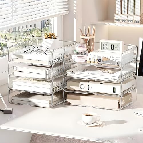 OUTIOE 4-Tier Paper Organizer for Desk, Stackable Desk Organizer Paper Tray, Desk Accessories & Workspace Organizers, Ideal for Office Supplies, Paper Storage (Clear) (4-Tier)
