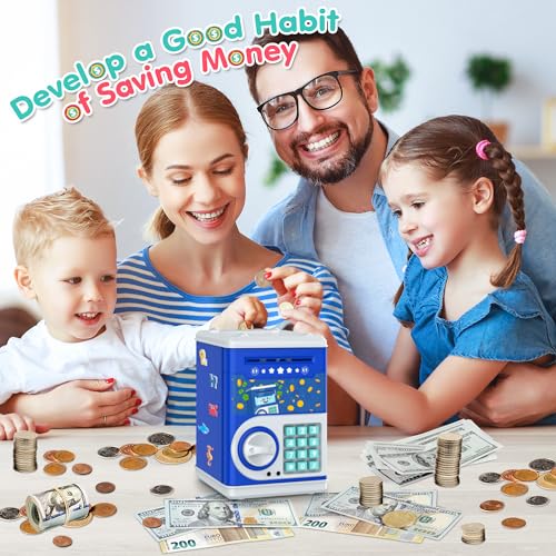 Dark Blue Piggy Bank for Kids with Password Code Lock and Auto Grab Bill Slot, PhilaeEC Real Money Cash Coin Can Saving Box Electronic Money Safe Bank, Hot Gift for 4 7 8 9 10 11 Year Old Boys Girls