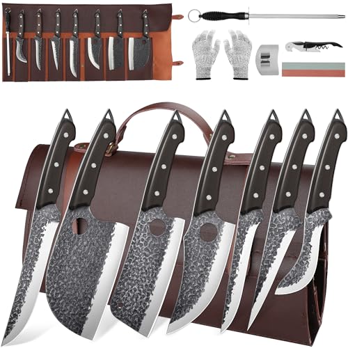 ROCOCO 13PCS Butcher Cleaver Knife Set for Meat Cutting Serbian Chef Viking Boning Knife with Roll Bag for Kitchen Outdoor BBQ Camping Birthday Father Mother Gift Idea Men