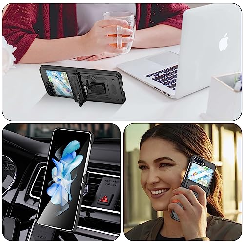 Galaxy Z Flip 5 Case with Hinge Protection Back Screen Protector Shockproof Z Flip 5 Case Ring Kickstand for Samsung Flip Z 5G Case - Black
