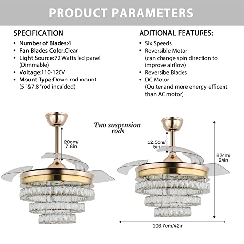 diisunbihuo 42" Gold LED Fandeliers with Lights Dimmable Crystal Ceiling Fan with Lights Individual 3 LED Color Change with Timi Memory Function