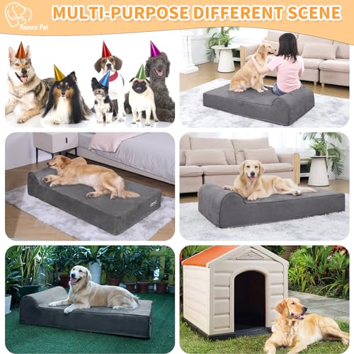 Rainmr 7 inch Orthopedic Dog Bed for Large Dogs - Chew-Resistant & Washable Microsuede Cover/Waterproof Inner Case - with 4 inch Headrest Memory Foam Dog Bed (Large, Grey)