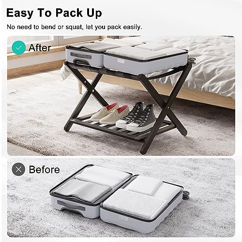 Smuxee Fully Assembled Luggage Rack for Guest Room, Upgraded Bamboo Foldable Suitcase Stand with 5 Nylon Straps, Dark Brown Luggage Holder with Shelf for Bedroom Hotel (Black Luggage Rack 1pcs)