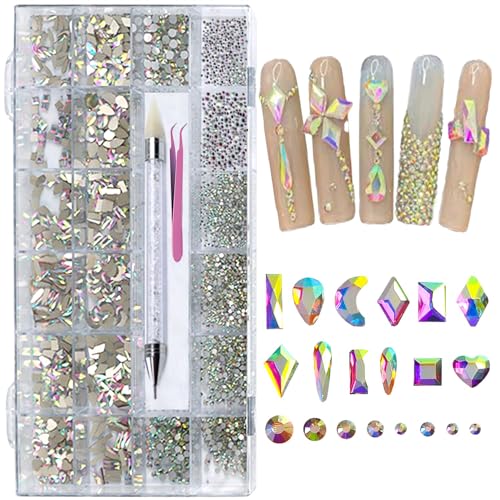 AMLAVIFISH 6080PCS AB Rhinestones for Nails, Nail Gems with Special-Shaped Diamonds, 3D Decorations Flat Back Stones Gems Set, Acrylic Nail Mix Sizes Nail Charms(Picking Pen&Tweezers Included)