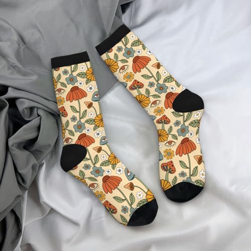 JKJOJIA 70s Retro Floral Mushroom Novelty Socks For Men Women, Funny Crazy Crew Socks Casual Dress Socks Gifts