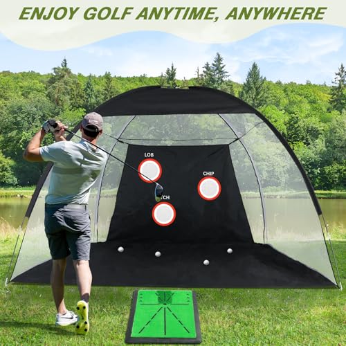 Golf Net: 10x7FT Golf Practice Net with Path Feedback Golf Mat, All in One Golf Hitting Net for Backyard Driving Golf Training Aid Nets, Indoor/Outdoor Multi-Targets Golf Chipping Net for Golf Lovers