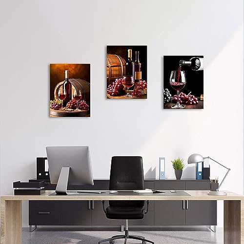 QIXIANG Kitchen Canvas Wall Art 3 PCS Romantic Blue Wine Grape Rose Flowers Eiffel Tower Pictures Prints for Restaurant Bar Decor Framed (Blue, 11.00" x 14.00" x3Pcs)