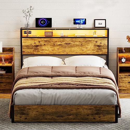 IKIFLY Full Size Storage Headboard with LED Lights & Charging Station - Industrial Metal and Wood Full Headboard Only for Bedroom, Attach Frame, Easy Assembly - Rustic Brown