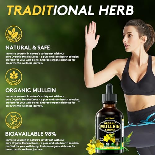 2 Fl oz Mullein Leaf Extract - Organic Mullein Leaf Liquid Drops Tincture Supplement High Bioavailability for Women, Men 98% Absorption, Herbal Goodness -Big Capacity (60ML)