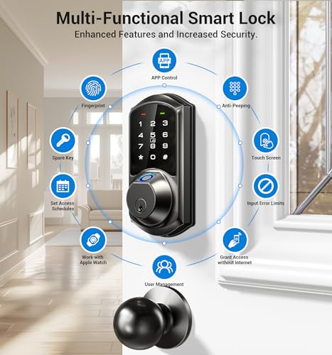 Veise Fingerprint Smart Lock for Front Door, 7-in-1 Keyless Entry Deadbolt with App Control, Electronic Digital Locks with Touchscreen Keypad, Auto Lock, Easy Install, Waterproof, Matte Black
