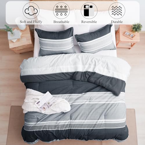 PHF Twin Comforter Set - 2 Pieces Soft Striped Bedding Comforter Sets, Charcoal Grey Stripe Fluffy Bed Set for All Season, 1 Lightweight Comforter (68"x90") and 1 Pillowcases (20"x26")