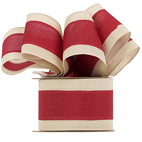 MEEDEE Red And White Striped Ribbon Red And White Wired Ribbon 2.5 Inch Red Fabric Ribbon With Ivory Stripe Edge Red Stripes Wired Ribbon For Wreath Christmas Tree Garland Topper Bow Making (10 Yards)