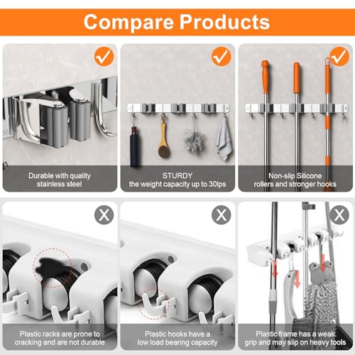 CUXIXA Mop and Broom Holder Wall Mount, Upgraded Broom Organizer Wall Mount, Stainless Steel Broom Hanger Wall Mount for Kitchen Garden Laundry Room Decor (3 Racks with 4 Hooks Black)