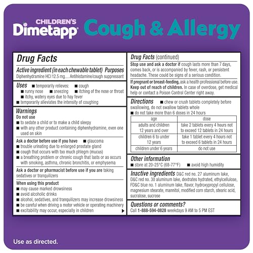 Children’s Dimetapp Fast-Acting Chewable Cough & Allergy Medicine, Antihistamine, Cough Suppressant, Grape Flavor, Relieves Cough, Itchy Throat, Sneezing & Runny Nose, 24 Chewable Tablets