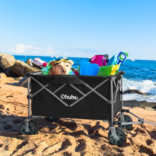 Wagon Cart Foldable Utility Wagons: Ohuhu 200L/440LB Capacity Beach Wagon with Big Wheels for Sand, Collapsible Folding Garden Carts, Heavy-Duty Grocery Wagons for Sports Camping Picnic Shopping