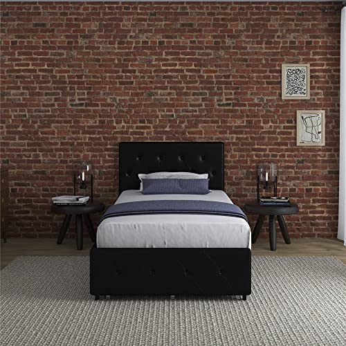 DHP Dakota Upholstered Platform Bed with Underbed Storage Drawers and Diamond Button Tufted Headboard and Footboard, No Box Spring Needed, Twin, Black Faux Leather