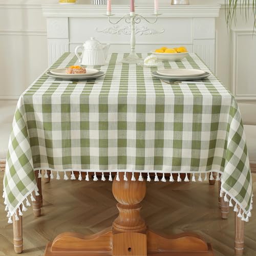 Laolitou Checkered Tablecloth Rectangle Washable Buffalo Plaid Fall Table Cloth with Tassel Cotton Linen Gingham Thanksgiving Table Cover for Picnic Kitchen Dining Room, Orange, 55 x 55 Inch