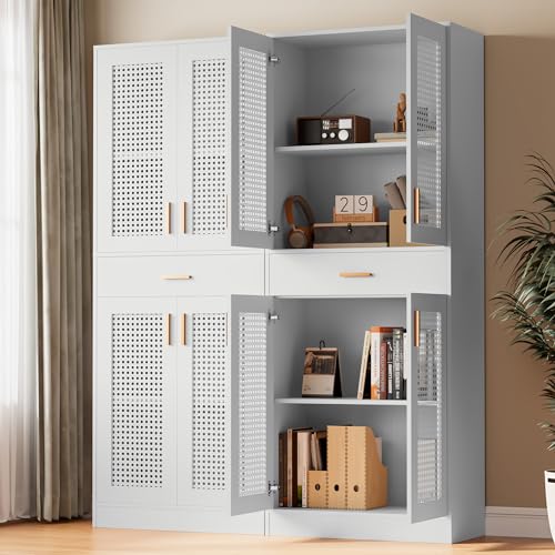 Cozy Castle Kitchen Pantry, 71" H Freestanding Rattan Pantry Cabinets with Doors, Adjustable Shelves and Drawer for Kitchen, Dining Room, Oak