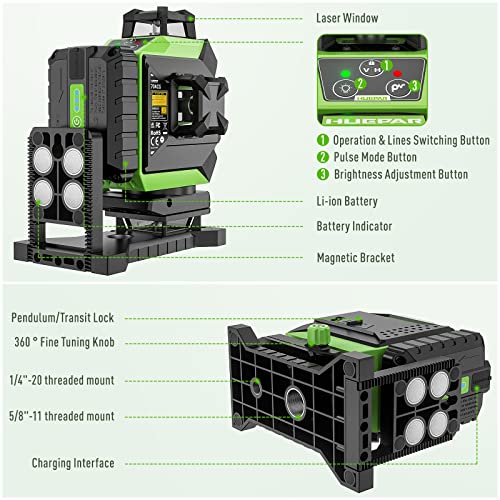 Huepar Laser Level 3 x 360 Self-Leveling Cross Line Laser 3D Green Laser Level with Pulse Mode Alignment Laser Tool with Rechargeable Li-ion Battery, Integrated Magnetic Bracket, Hard Carry Case 703CG