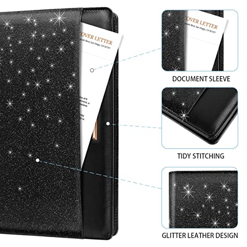 Glitter Padfolio/Resume Portfolio Folder for Women Men, WAVEYU Cute Chic Padfolio Cover Folder, Conference/Legal Document Organizer with Letter/A4 Size Clipboard, Document Sleeve, Black