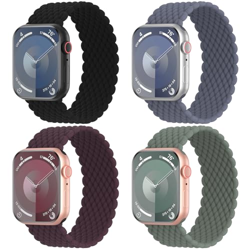 Shalila 4 Pack Braided Solo Loop Compatible with Apple Watch Band 38mm 40mm 41mm 42mm 44mm 45mm 46mm 49mm, Stretchy Nylon Sport Strap Elastic Wristbands for iWatch Series 10/9/8/SE/7/6/5/4/3/2/1/Ultra