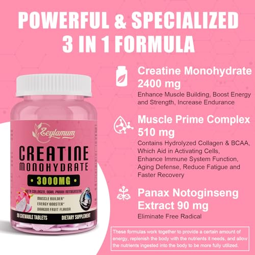 Creatine Monohydrate for Women, Creatine Supplement 3000 MG, with Hydrolyzed Collagen, BCAA, for Muscle Builder & Strength, Energy Boost, Faster recovery, Vegan, Non-GMO, Sugar Free, 30 Servings