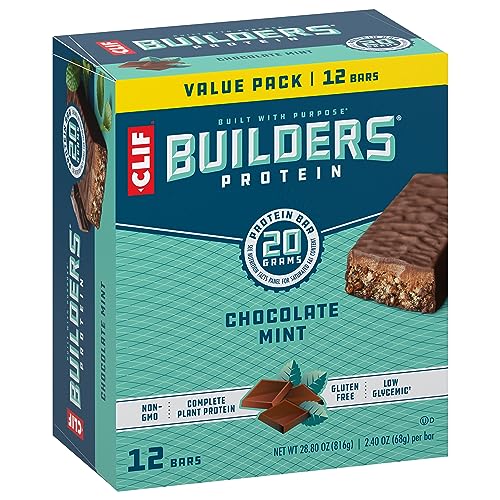 CLIF Builders - Chocolate Mint Flavor - Plant Based Protein Bars - Gluten Free - Non-GMO - Low Glycemic - 20g Protein - 2.4 oz. (12 Pack)