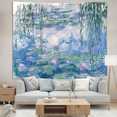 Avinyl Vintage Monet Waterlily Floral Tapestry, Art Tapestry for Bedroom, Blue and Pink Flower Wall Hanging, Abstract Garden Aesthetic Tapestry, 39x51 inches