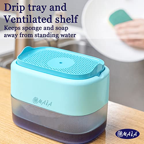 OMAIA Dish soap Dispenser for Sink - Blue - Sink Countertop Organizer - Soap Dispenser with Sponge Holder
