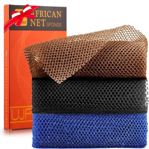 UJFQBH 3 Pieces African Bath Sponge African Net Long Net Bath Sponge Exfoliating Shower Body Scrubber Back Scrubber Skin Smoother,Great for Daily Use (Purple, Pink,Green)