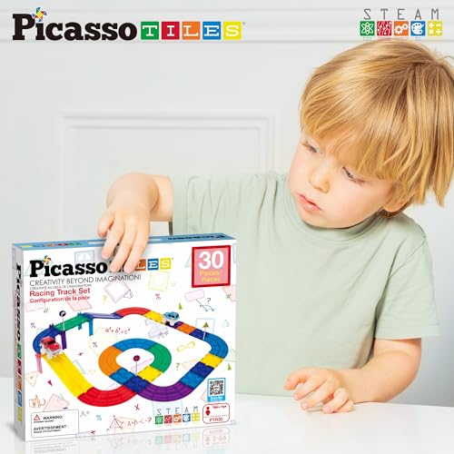 PicassoTiles Magnetic Race Track Toys Car Tracks Set for Toddlers Magnet Building Blocks Tiles Sensory Toys for Kids Include 2 Trucks STEM Engage in Thrilling Races Age 3+ Year Old Boys Girls
