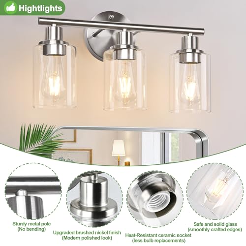 3-Light Bathroom Light Fixtures, Black and Gold Bathroom Wall Lights, Modern Bathroom Vanity Light with Clear Glass Shade, Bathroom Wall Lamp for Mirror Kitchen Bedroom Hallway Cabinet
