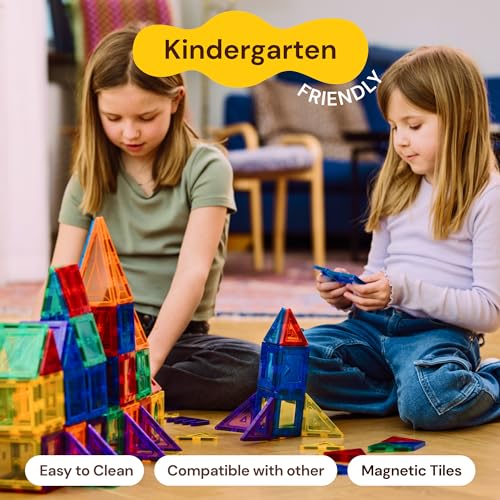 PLAYVIBE Magnetic Tiles 60 Pcs - 3D Magnet Toys for Kids 3+ - STEM Building Blocks - Toddler Learning Essential for Home & Classroom, Boys & Girls - Sensory Toys - Magnetic Blocks