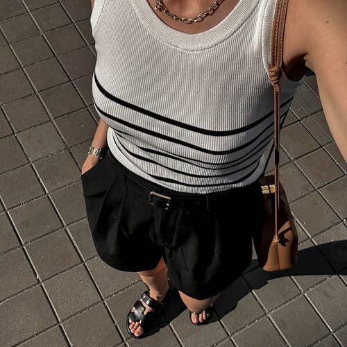 GOELIA Women's Striped Sleeveless Crew Neck Knit Sweater Tank Top Cotton Slim Fit Going Out Tops for Women