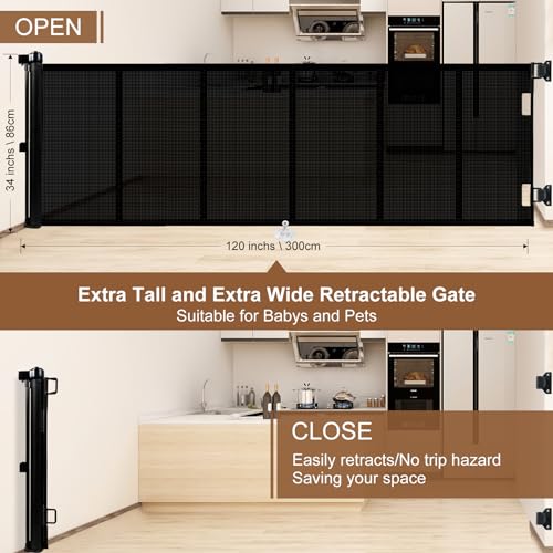 Miumoon Upgrade 200 inch Retractable Baby Gates Extra Wide with Reinforced Strip Design to Prevent Crawling Through, 200" Retractable Dog Gate, 48" Tall, Retractable Gate for Indoor/Outdoor(Gray)