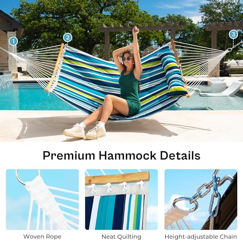 SUPERJARE 12 FT Quilted Fabric Hammock with Detachable Pillow, 2 Person Hammock with Spreader Bars, Adjustable Chain, Outdoor Hammock without Stand, for Outside, Patio, Garden, Dark Cyan