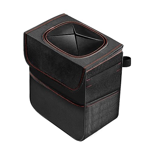 Simple Deluxe Car Trash Can with Lid and Storage Pockets, Leak-Proof Car Garbage Can with Adjustable Straps, Waterproof, Portable and Collapsible Trash Bag for Car, 2 Gallon, Black
