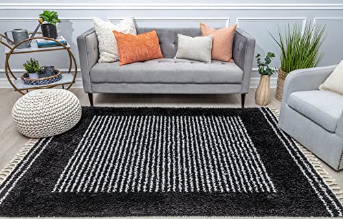 CosmoLiving by Cosmopolitan BT35A Ebony Twilight Stripe Shag Black Non-Shedding Living Room Bedroom Dining Home Office Area Rug, 2'6" x 4'