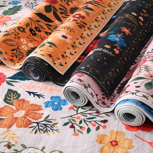 Rugcomf Area Rugs 8x10 Rug for Living Room Clearance Washable Boho Area Rug Non Slip Floral Vintage Low Pile Large Rug for Living Room, Bedroom, Farmhouse, Dining Room, Kids Playroom(Black)