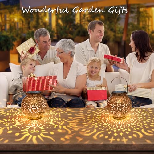 Go2garden 2Pack Solar Lanterns Outdoor Waterproof Garden Gifts for Mom Moon Star Sun Solar Lights for Balcony, Yard,Birthday Mothers Day Gifts for Grandma Wife (Bronze)