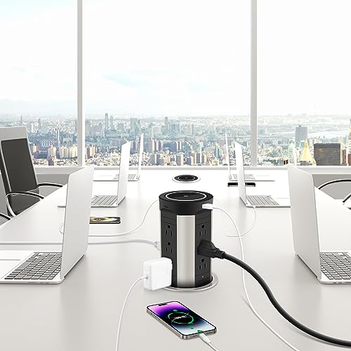 HEZI 4" Pop Up Countertop Outlet with 15W Wireless Charger, Max 45W Power Delivery,15A Tamper Resistant 1200J Surge Protection, Pop Up Electrical Receptacle with 12AC 2 USB-A 2 USB-C for Home Office