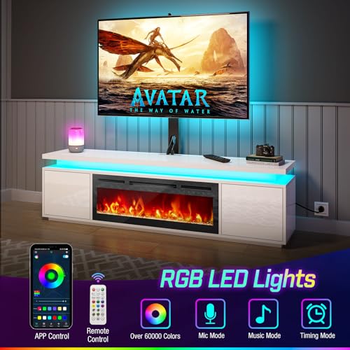 Rolanstar Fireplace TV Stand with Led Lights and Power Outlets, TV Stand Mount with 30" Electric Fireplace, White Entertainment Center for 45/50/55/60/65/70 inch TVs, Modern TV Console for Living Room