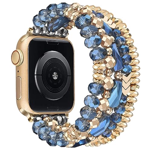 V-MORO Beaded Bracelet Band Compatible with Apple Watch Bands 38mm/40mm/41mm Women, Dressy Fancy Crystal Elastic Stretchy Strap for iwatch Series 8/7/SE/6/5/4/3/2/1 Blue